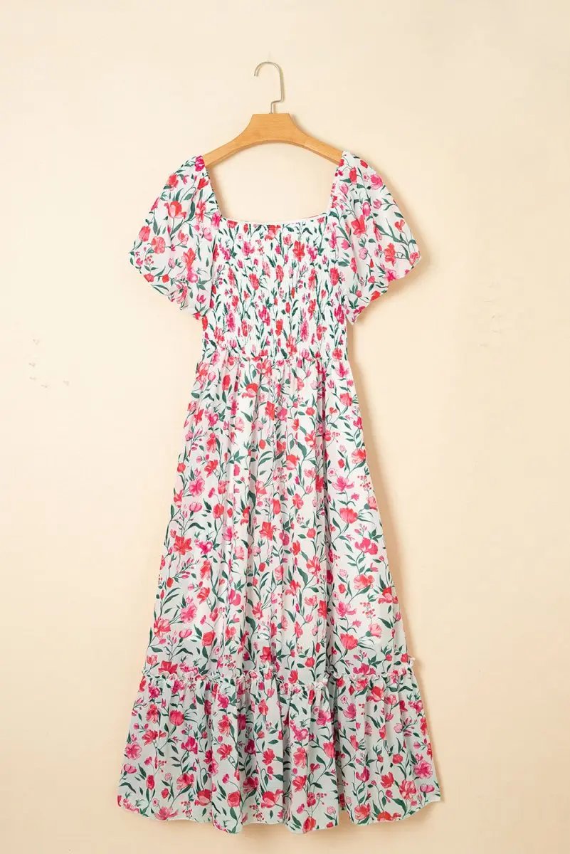 Pink Floral Puff Sleeve Square Neck Empire Waist Maxi Dress - Love Salve